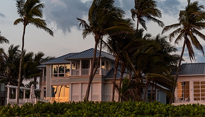 palm trees blowing in air in front of Florida home